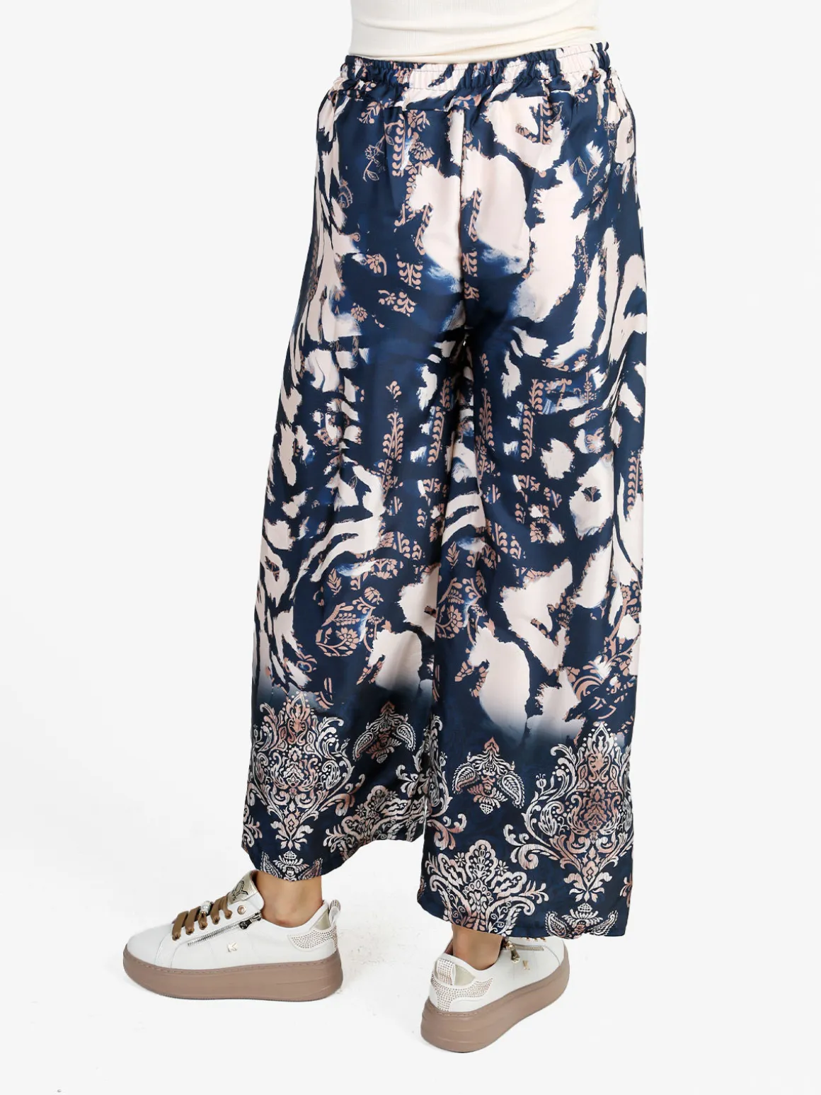 Solada Pantaloni donna effetto raso con stampe - blu scuro