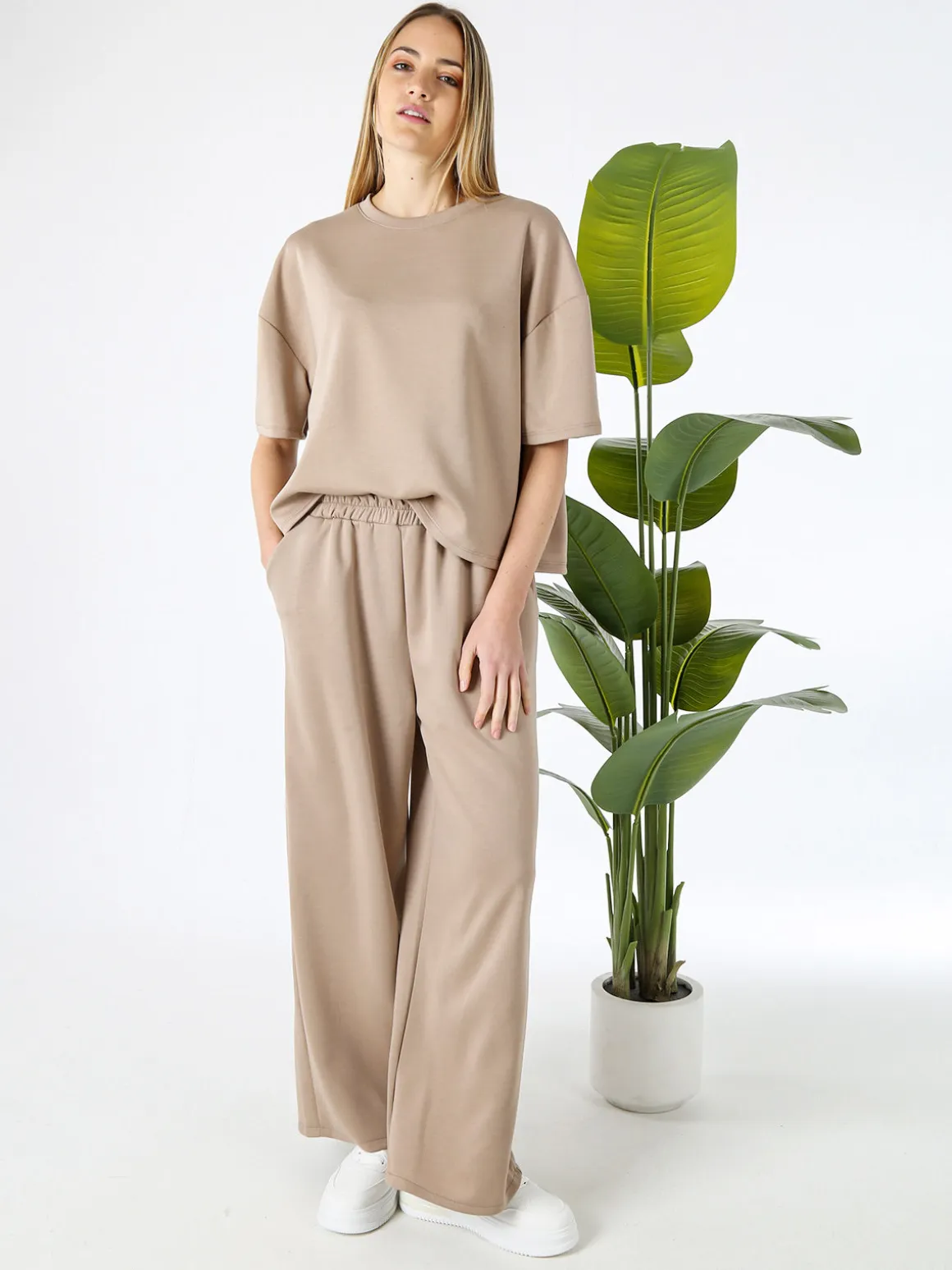 Solada Pantaloni donna in felpa a gamba larga con coulisse - bordeaux