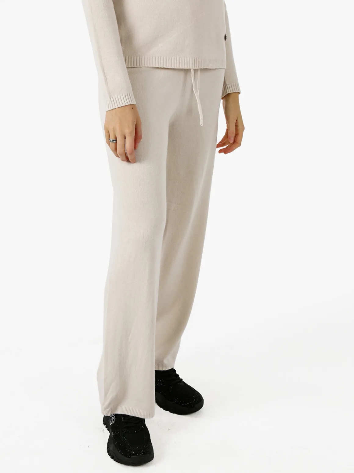 Solada Pantaloni donna in maglia a gamba larga con coulisse - beige