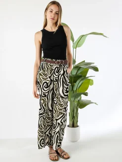 Solada Pantaloni donna in viscosa con stampe e cintura in corda - nero