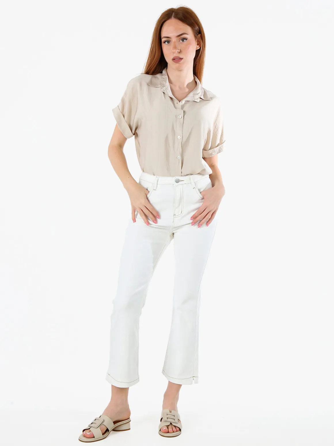 Solada Pantaloni donna jeans cropped a zampa - panna