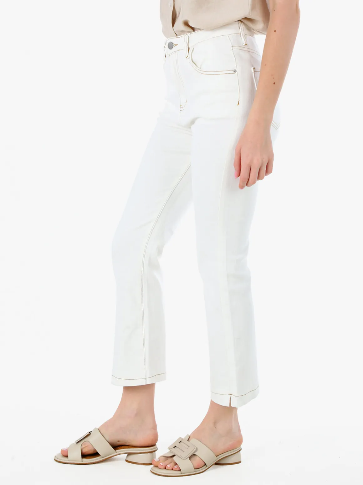 Solada Pantaloni donna jeans cropped a zampa - panna