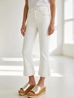 Solada Pantaloni donna jeans cropped a zampa - panna