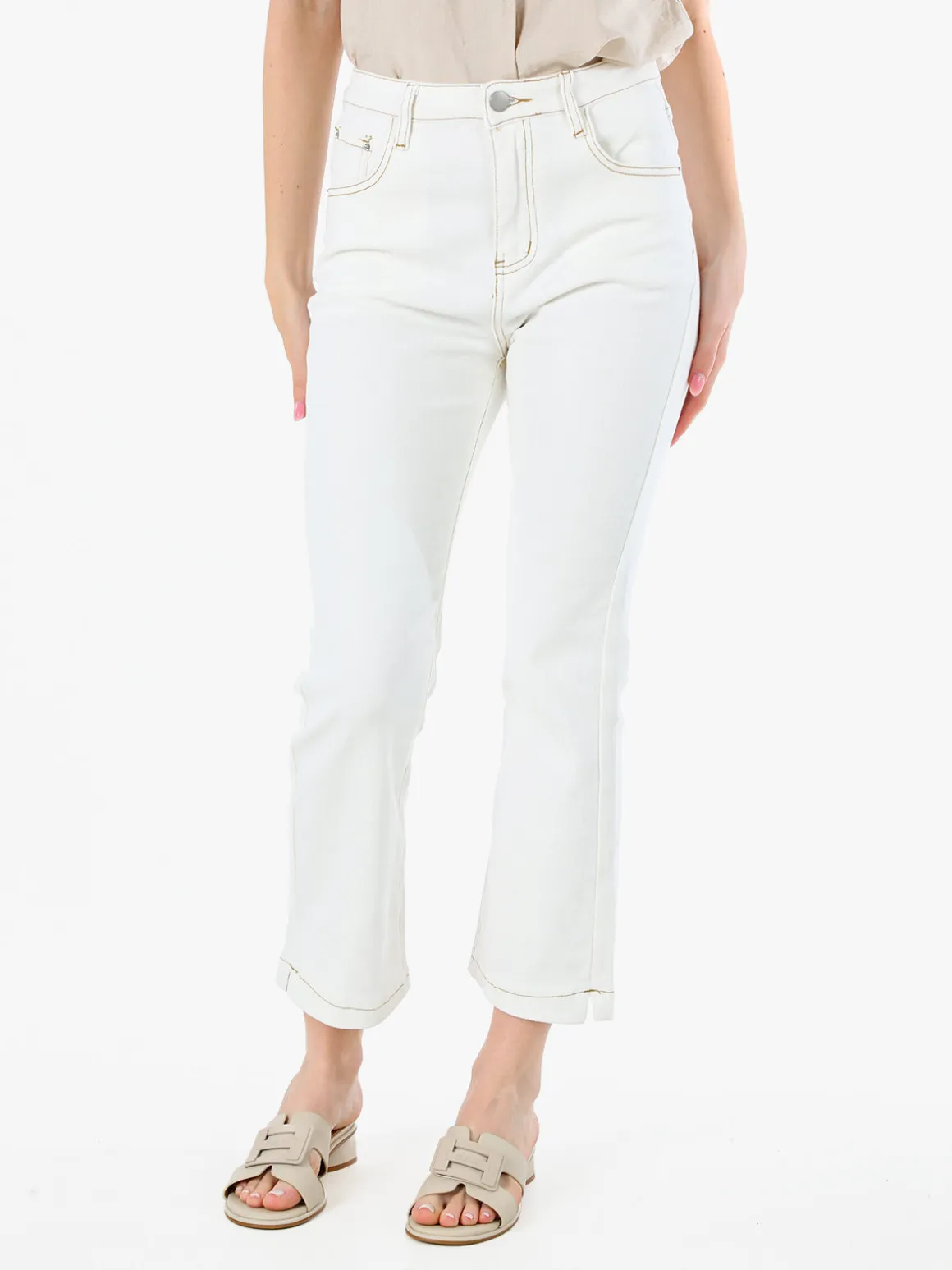 Solada Pantaloni donna jeans cropped a zampa - panna