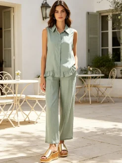 Solada Pantaloni donna leggeri a gamba larga - pistacchio