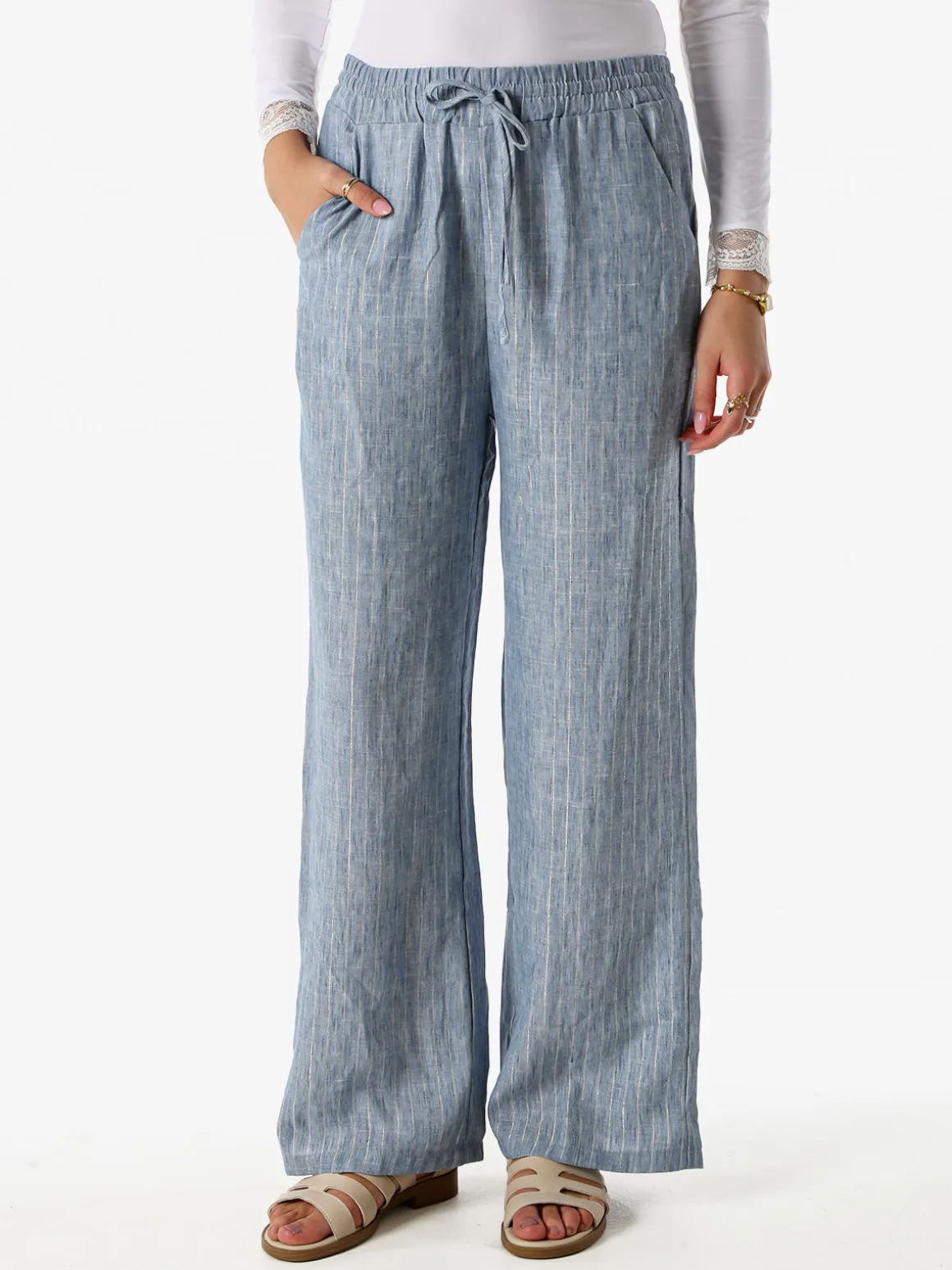 Solada Pantaloni donna leggeri con righe in lurex - blu