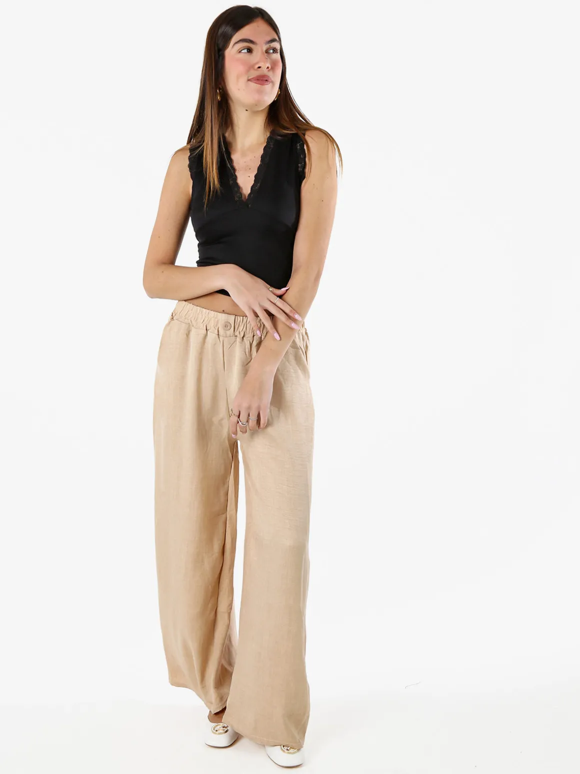Solada Pantaloni donna leggeri in misto lino a gamba larga - beige