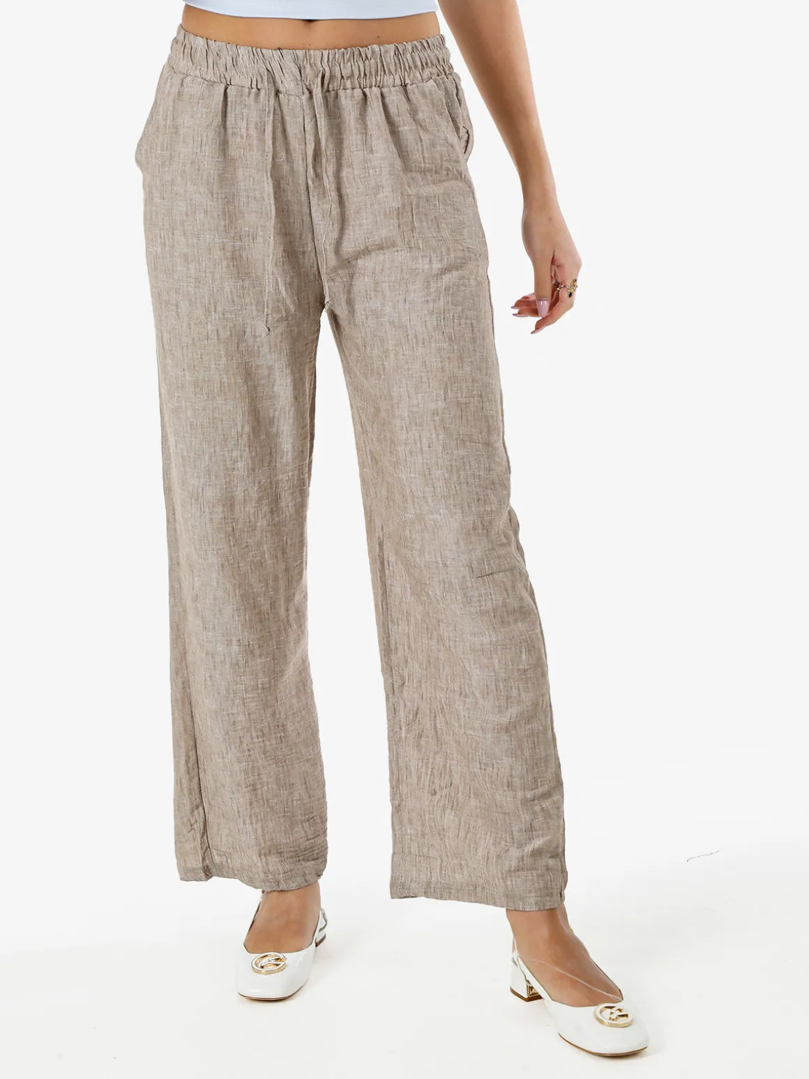 Solada Pantaloni donna leggeri a gamba larga con coulisse - khaki