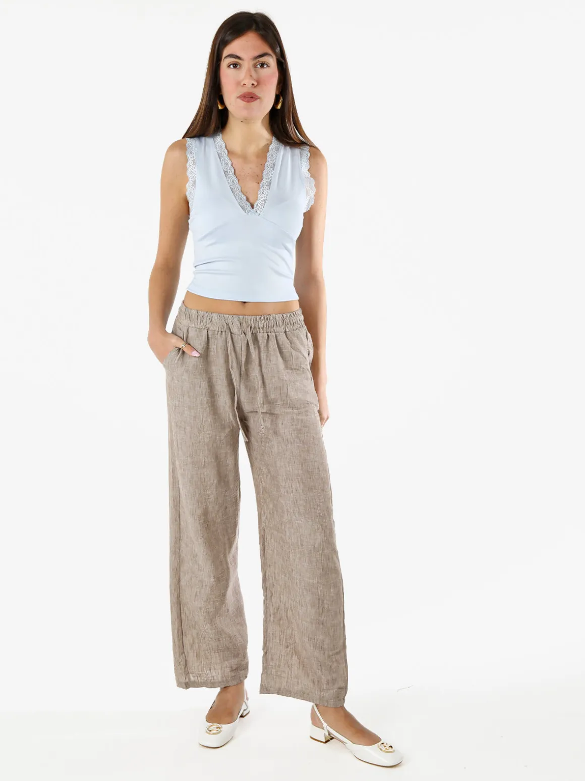 Solada Pantaloni donna leggeri a gamba larga con coulisse - khaki