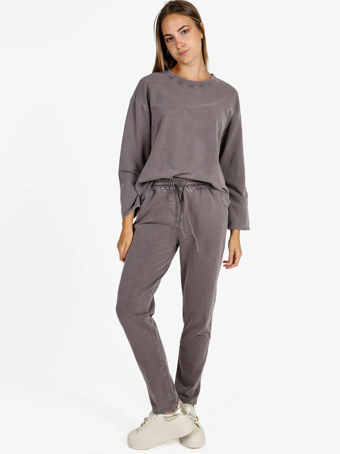 Solada Pantaloni sportivi da donna in cotone con coulisse - taupe