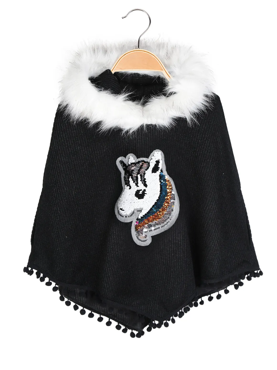 Solada Poncho da bambina con cappuccio e bordo in ecopelliccia