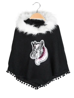 Solada Poncho da bambina con cappuccio e bordo in ecopelliccia