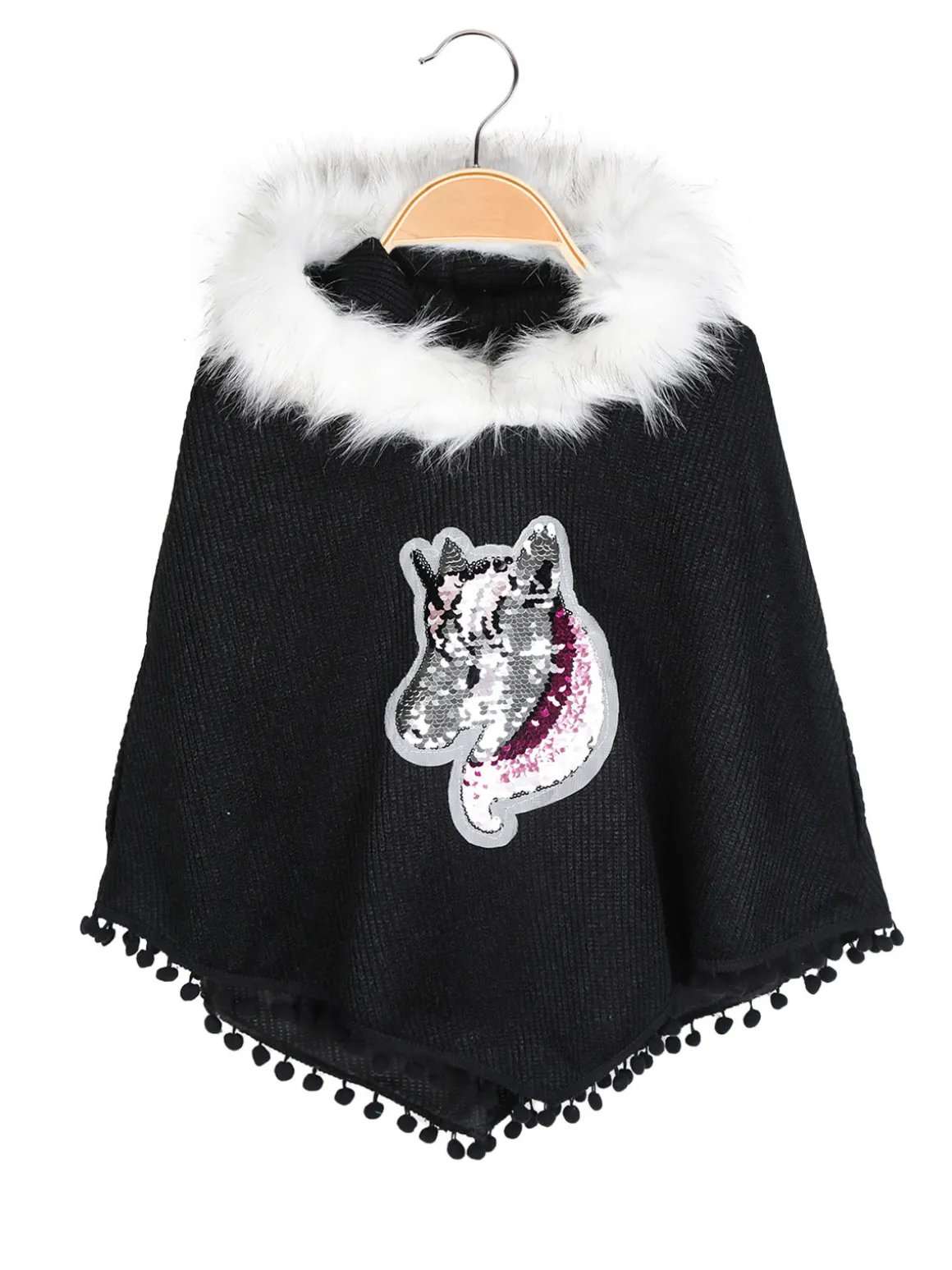 Solada Poncho da bambina con cappuccio e bordo in ecopelliccia