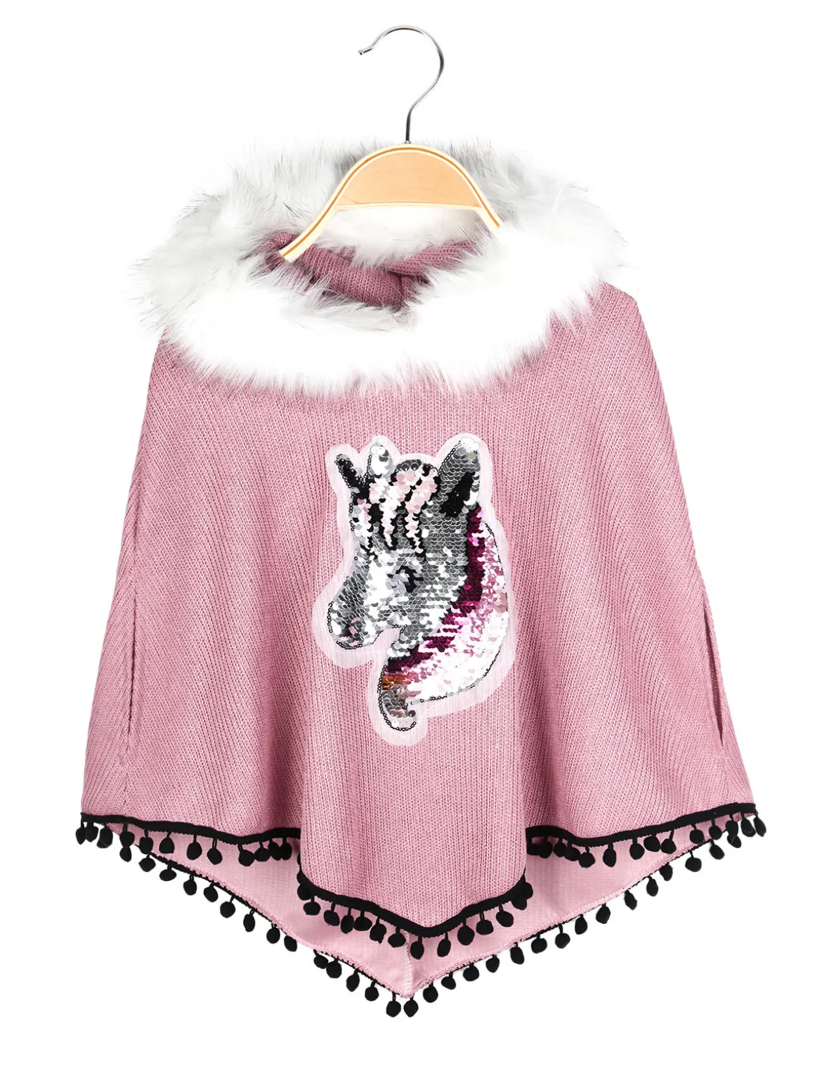 Solada Poncho da bambina con cappuccio e bordo in ecopelliccia