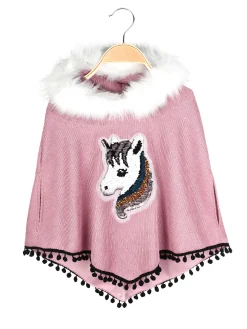 Solada Poncho da bambina con cappuccio e bordo in ecopelliccia