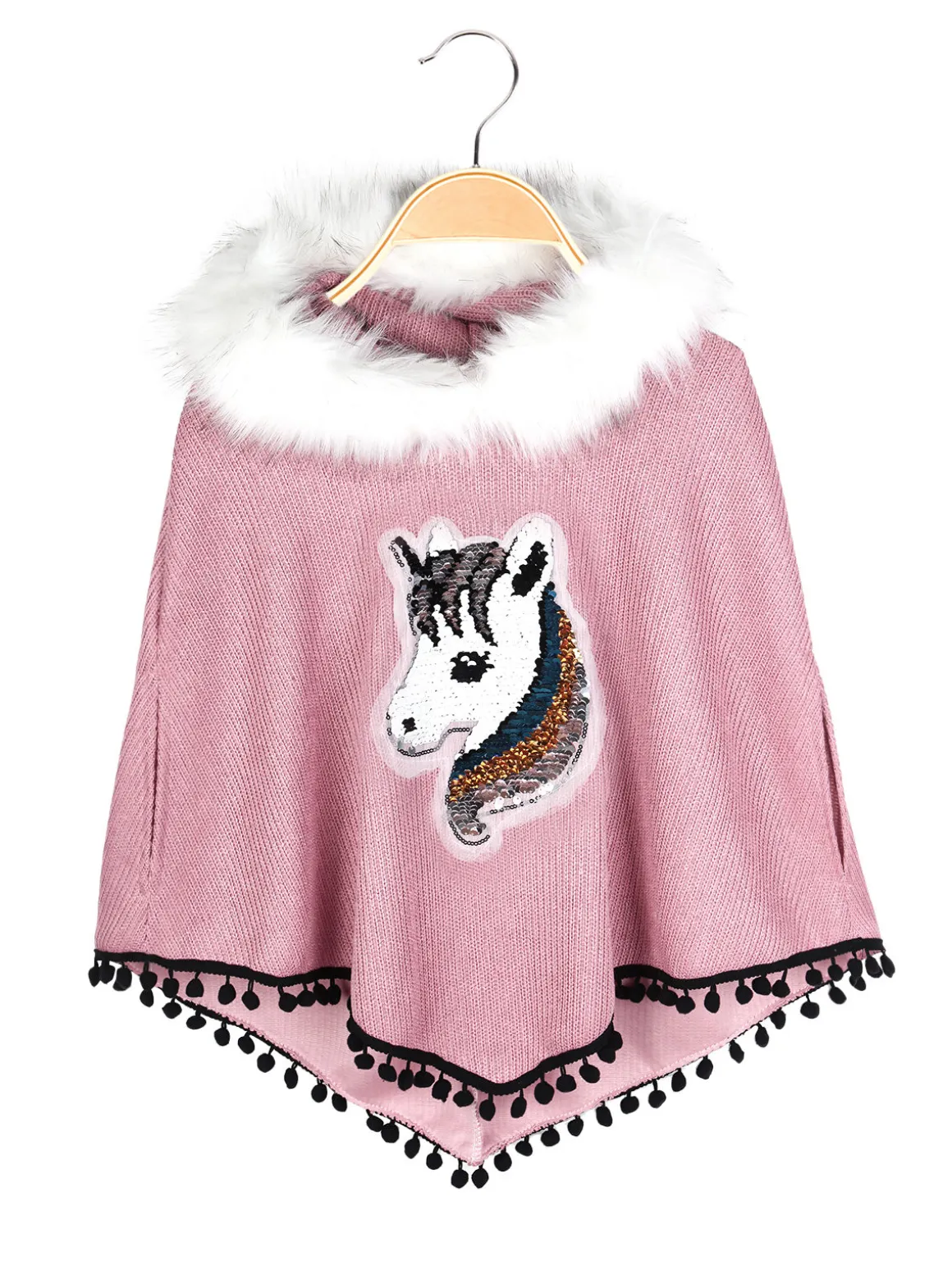 Solada Poncho da bambina con cappuccio e bordo in ecopelliccia