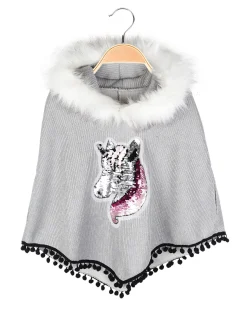 Solada Poncho da bambina con cappuccio e bordo in ecopelliccia
