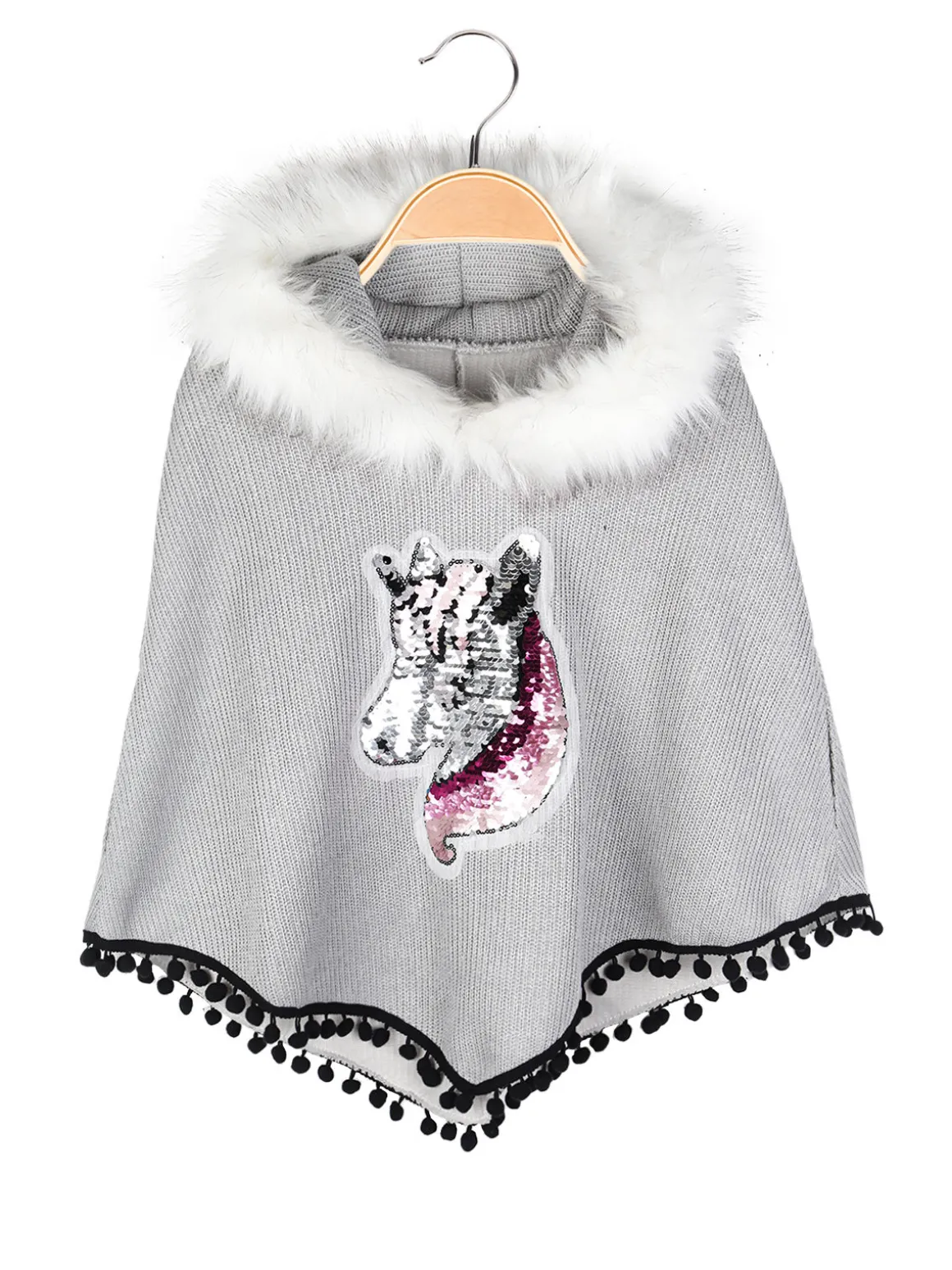 Solada Poncho da bambina con cappuccio e bordo in ecopelliccia