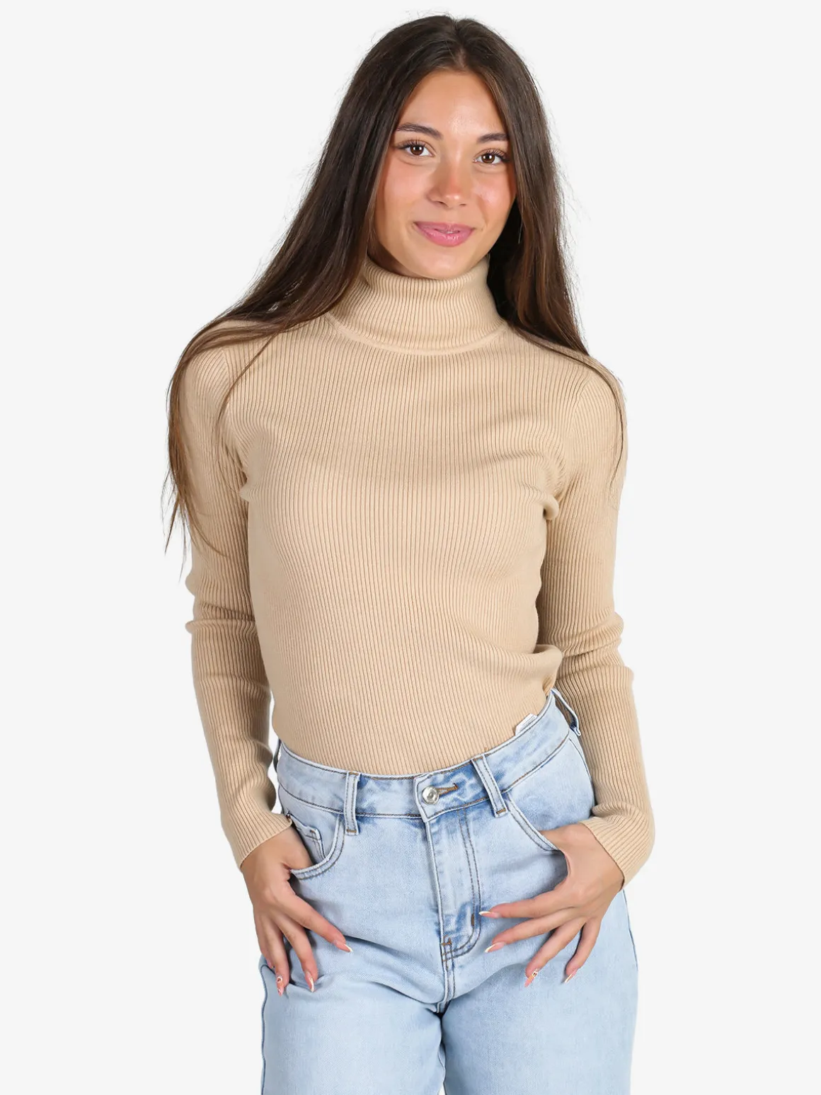 Solada Pullover dolcevita donna a costine - beige