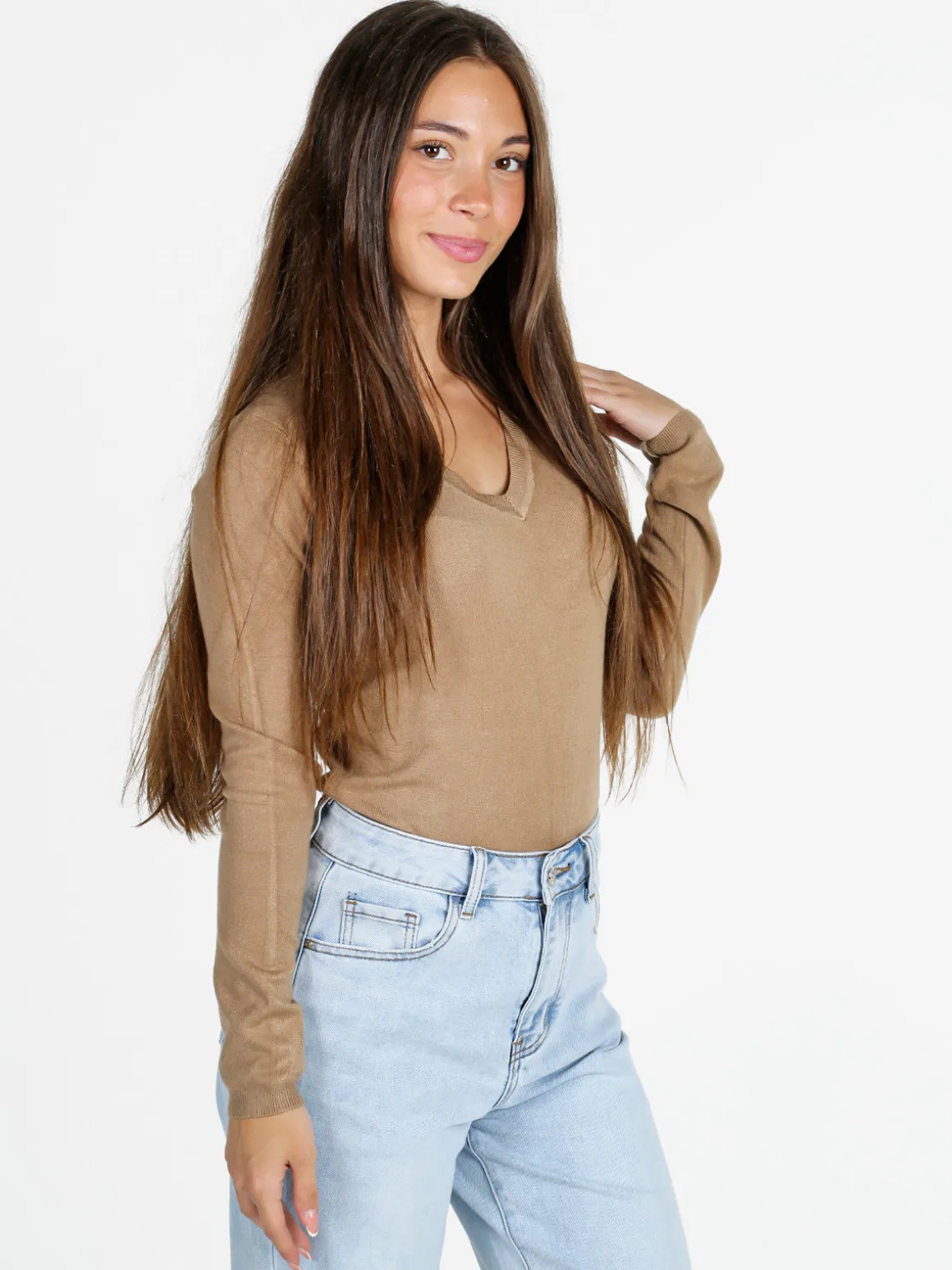 Solada Pullover donna con scollo a V - cammello