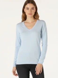 Solada Pullover donna in maglia scollo V - azzurro