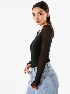 Solada Top body da donna a maniche lunghe in tulle - nero