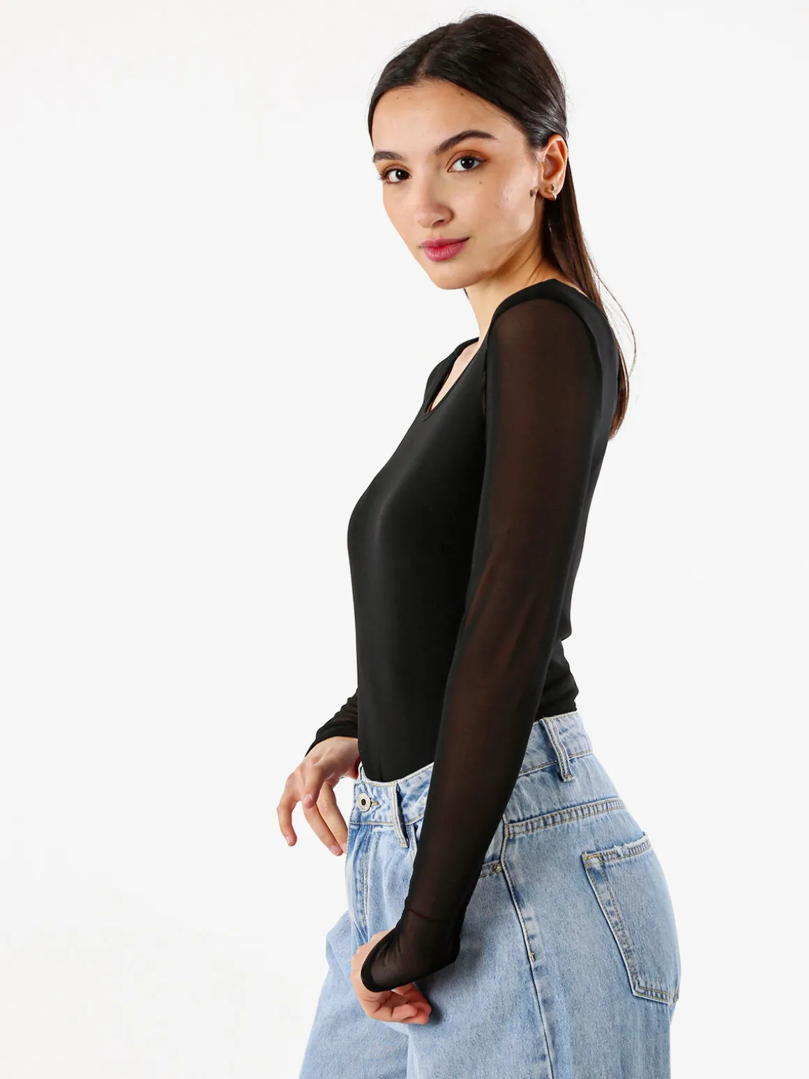 Solada Top body da donna a maniche lunghe in tulle - nero