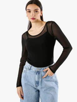 Solada Top body da donna a maniche lunghe in tulle - nero