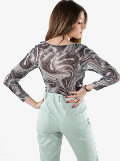 Solada Top body donna a maniche lunghe con scollo a cascata - grigio