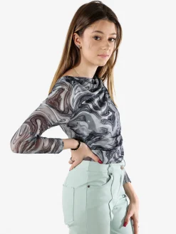 Solada Top body donna a maniche lunghe con scollo a cascata - grigio