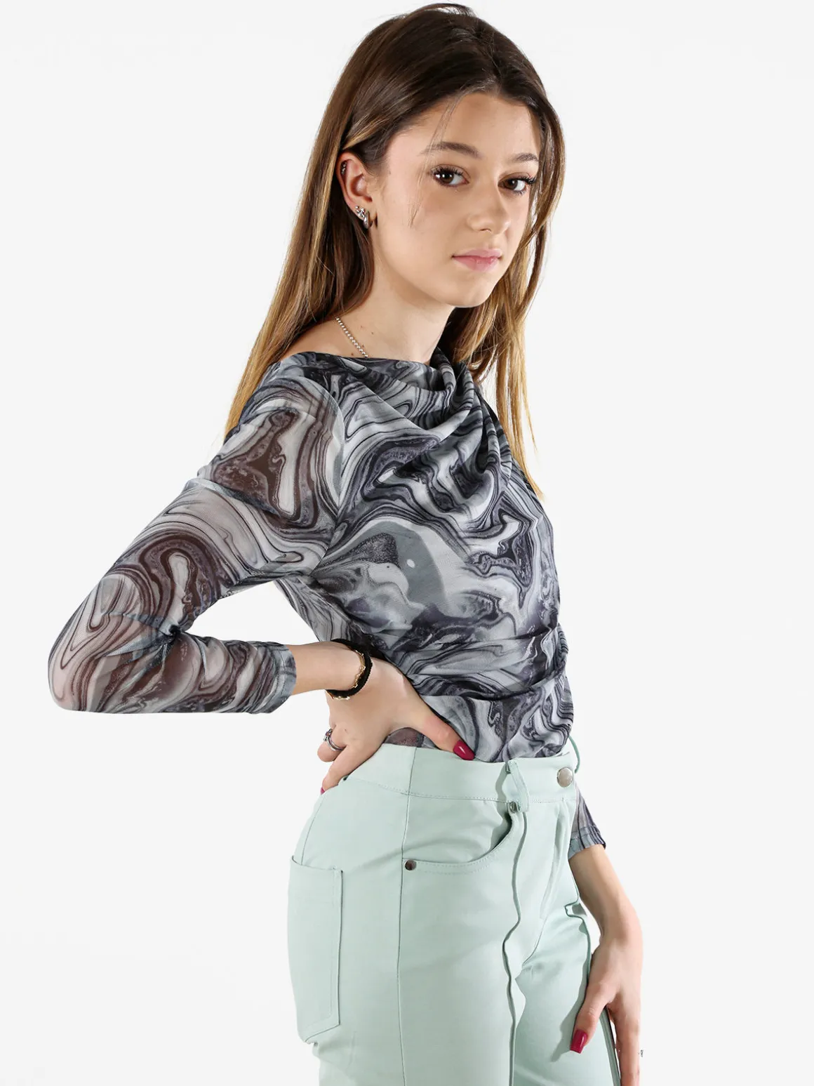 Solada Top body donna a maniche lunghe con scollo a cascata - grigio