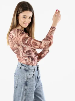 Solada Top body donna a maniche lunghe con scollo a cascata - marrone
