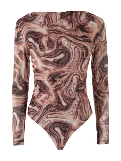 Solada Top body donna a maniche lunghe con scollo a cascata - marrone
