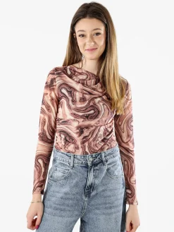 Solada Top body donna a maniche lunghe con scollo a cascata - marrone