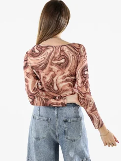 Solada Top body donna a maniche lunghe con scollo a cascata - marrone