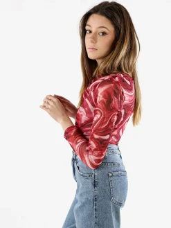 Solada Top body donna a maniche lunghe con scollo a cascata - rosso