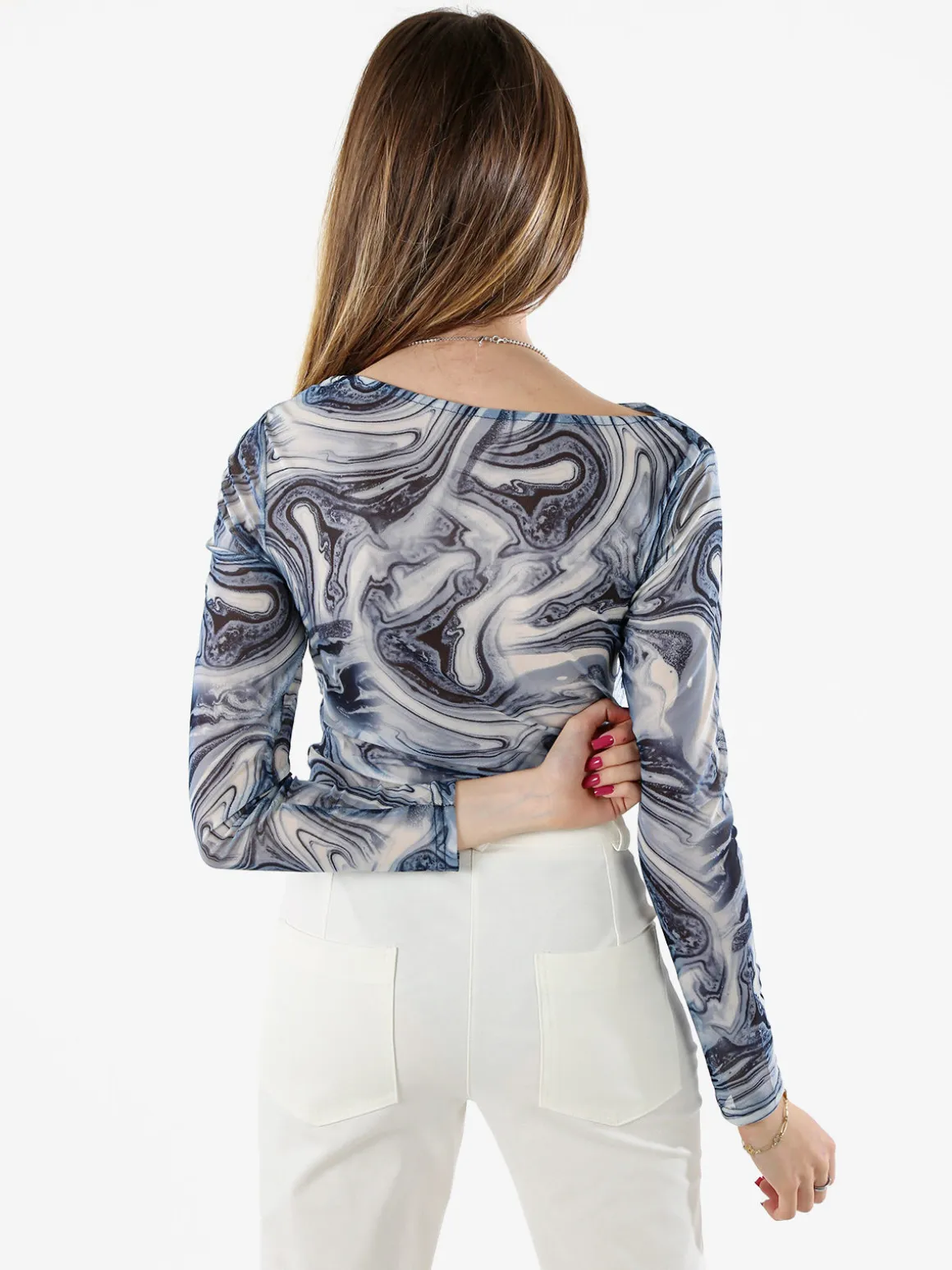 Solada Top body donna a maniche lunghe con scollo a cascata - azzurro