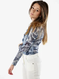 Solada Top body donna a maniche lunghe con scollo a cascata - azzurro