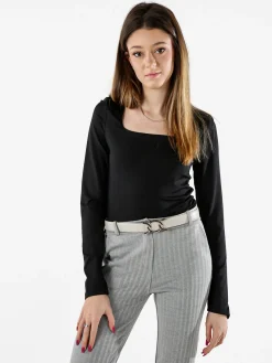 Solada Top body donna a maniche lunghe con scollo quadrato - beige