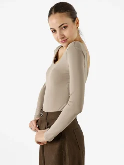 Solada Top body donna a maniche lunghe con scollo davanti e dietro - taupe