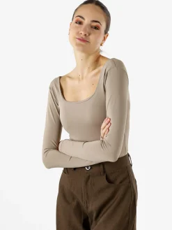 Solada Top body donna a maniche lunghe con scollo davanti e dietro - taupe