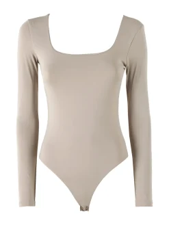 Solada Top body donna a maniche lunghe con scollo davanti e dietro - taupe