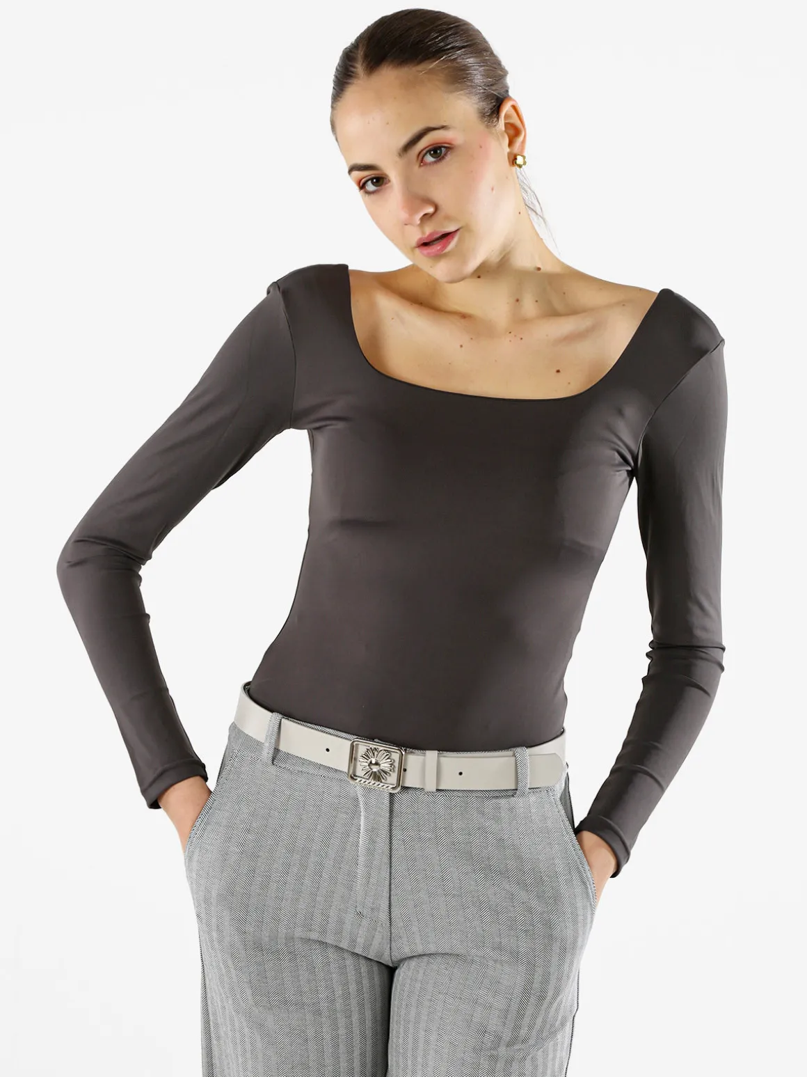 Solada Top body donna a maniche lunghe con scollo davanti e dietro - grigio scuro
