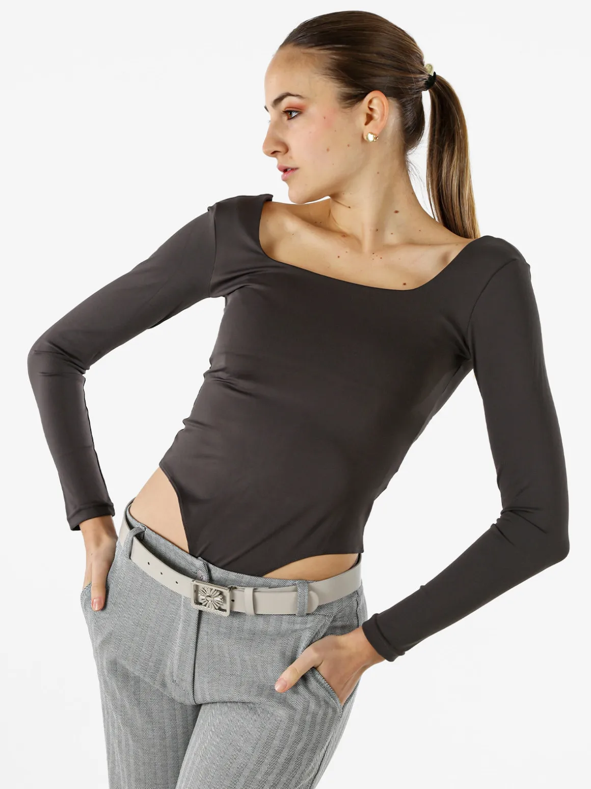 Solada Top body donna a maniche lunghe con scollo davanti e dietro - grigio scuro