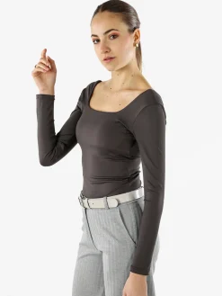 Solada Top body donna a maniche lunghe con scollo davanti e dietro - grigio scuro