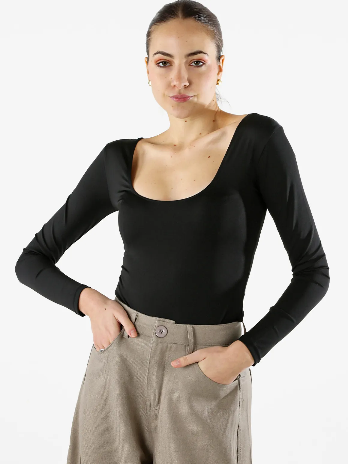 Solada Top body donna a maniche lunghe con scollo davanti e dietro - nero