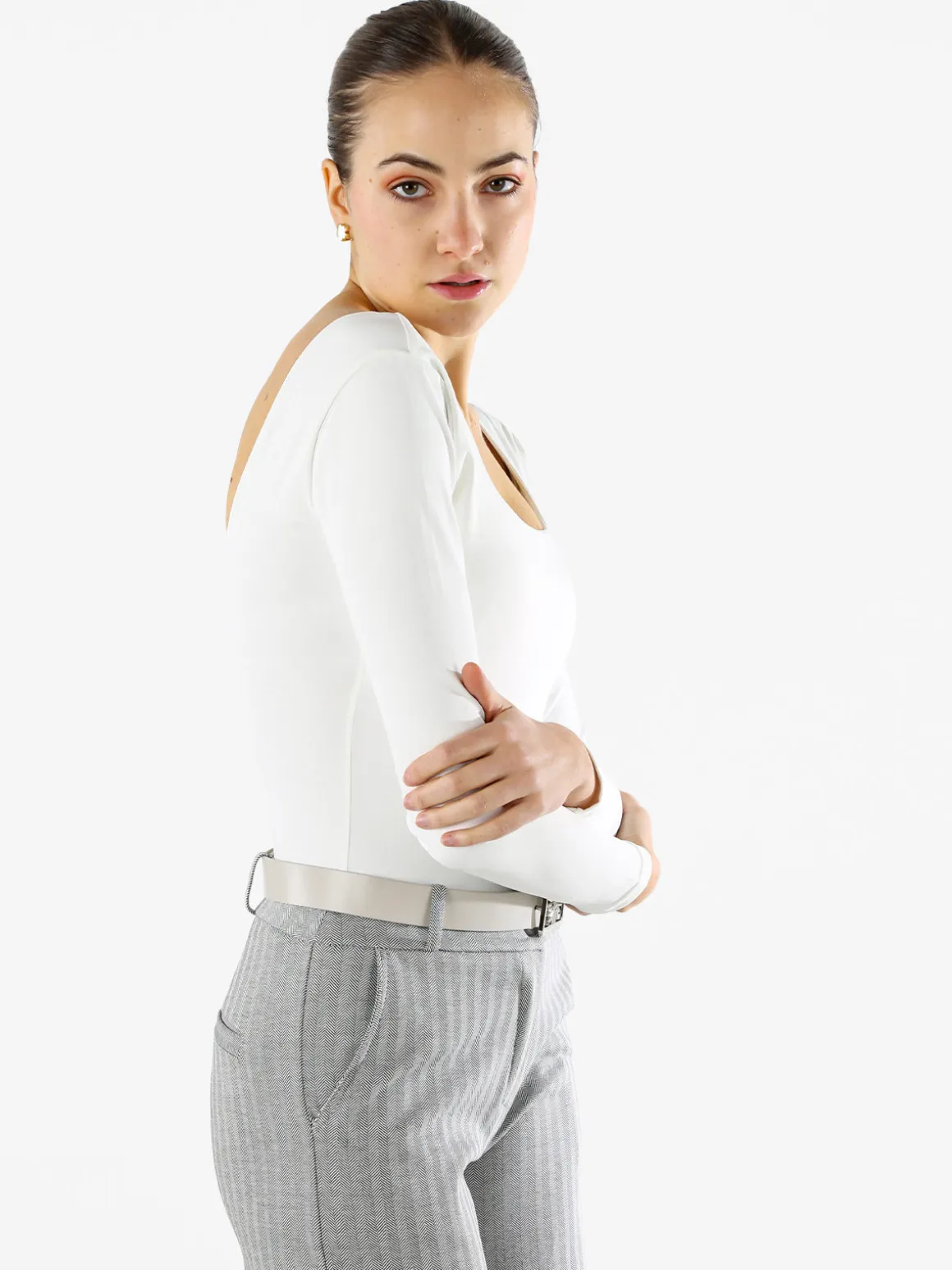 Solada Top body donna a maniche lunghe con scollo davanti e dietro - bianco