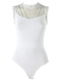 Solada Top body donna senza maniche con inserti in tulle e pizzo - bianco