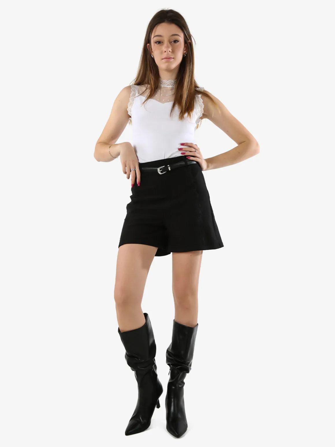 Solada Top body donna senza maniche con inserti in tulle e pizzo - bianco