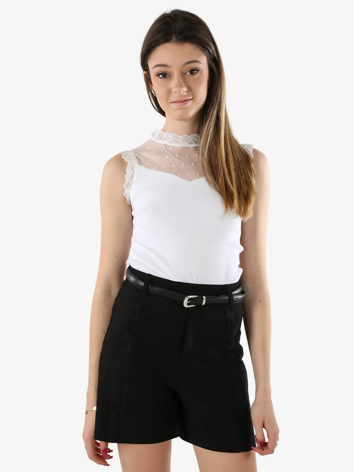 Solada Top body donna senza maniche con inserti in tulle e pizzo - bianco